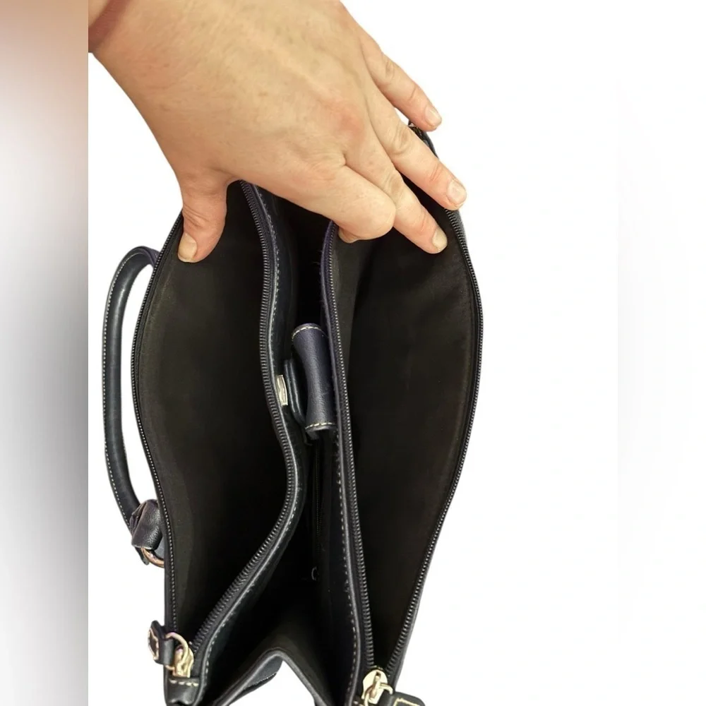 Vintage Chic Navy Faux Leather Satchel with Lots of Storage and Silver Accents